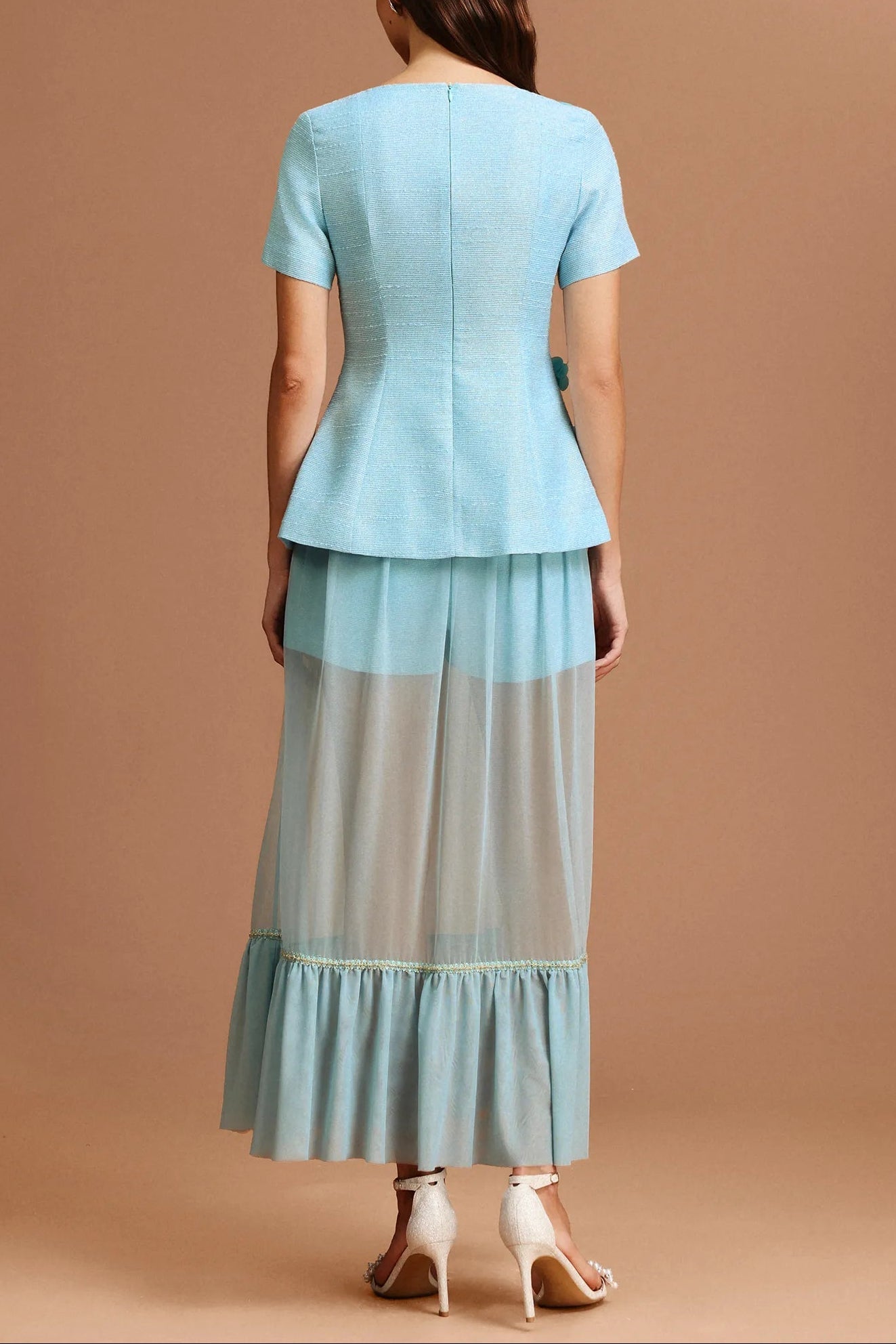 Tiffany blue Short Sleeves Flowers Folds Top And Skirt Two-Piece Set