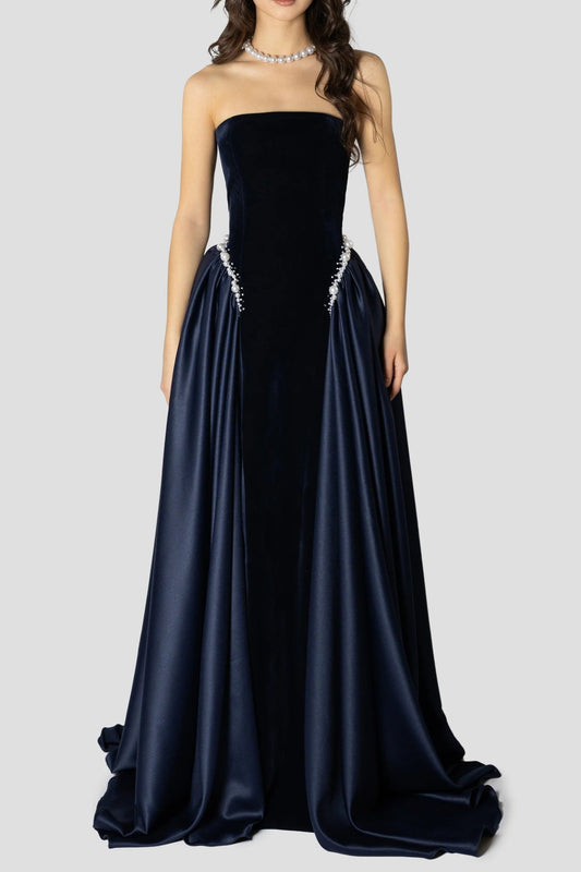 Ellalabel alison Dark Blue Pearls Embroidered strapless maxi Dress - Crafted from High-quality Fabrication- Ideal for Wedding Guest and Formal Galas.