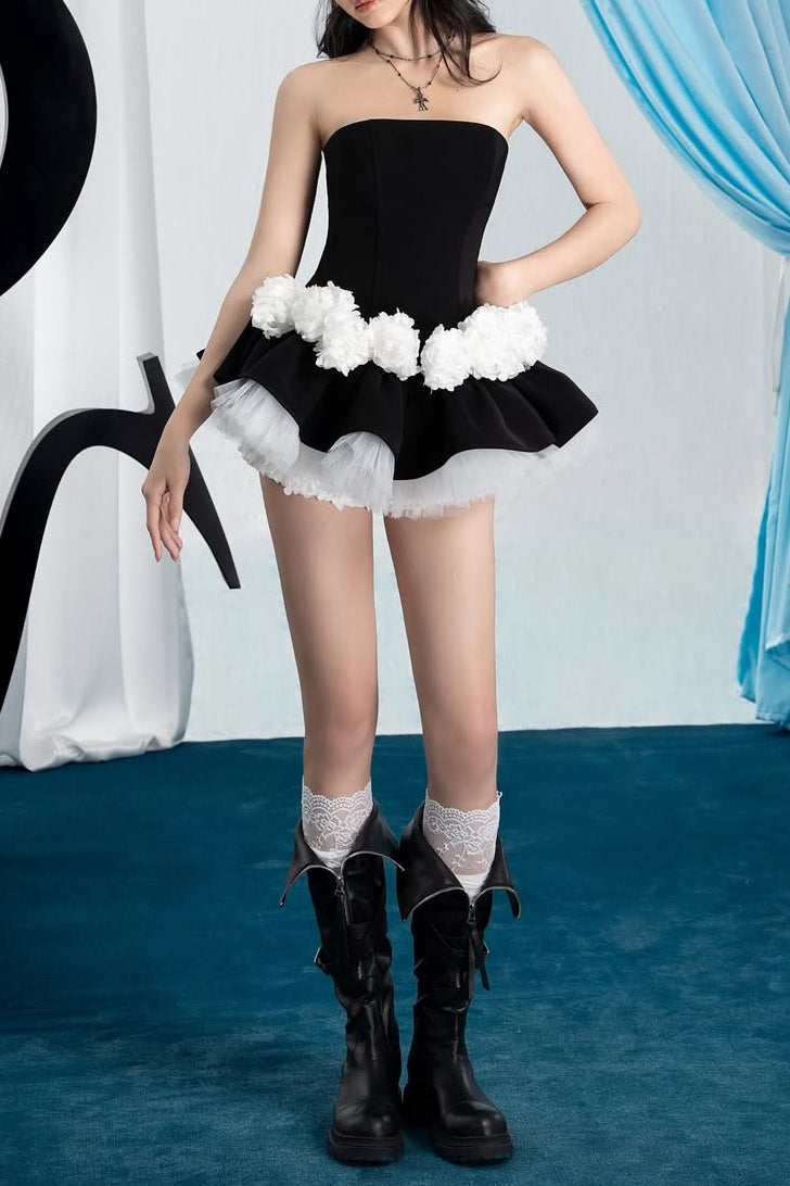 Sidney Floral patchwork strapless top skirt set in black