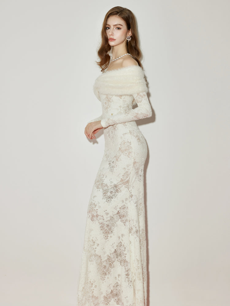julia Off-Shoulder Fur Collar Long Sleeve lace maxi dress in white