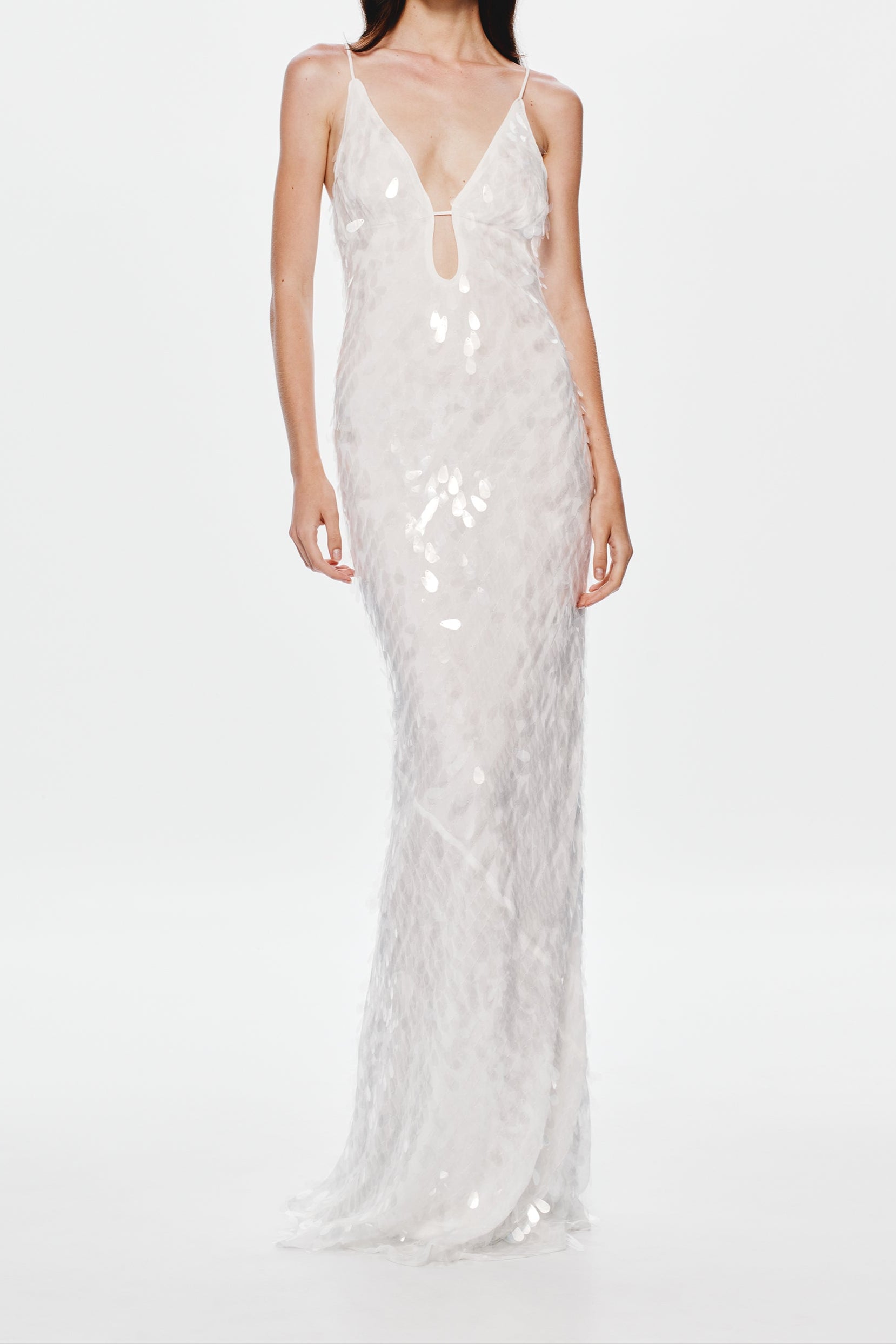 katherine halter deep v-neck sequin backless maxi dress in Ivory