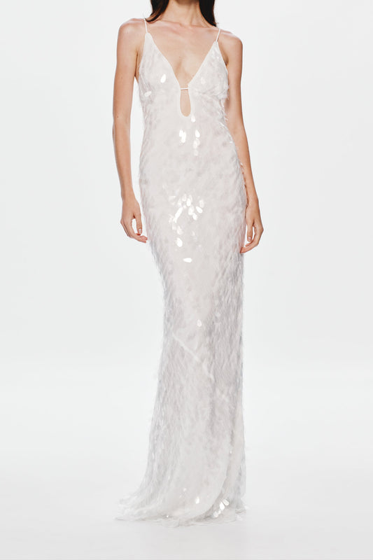 Ellalabel katherine halter deep v-neck sequin backless maxi dress in Ivory in IVORY - Crafted from Shimmering Hand-stitched Sequins- Ideal for Wedding Guest and Formal Galas.