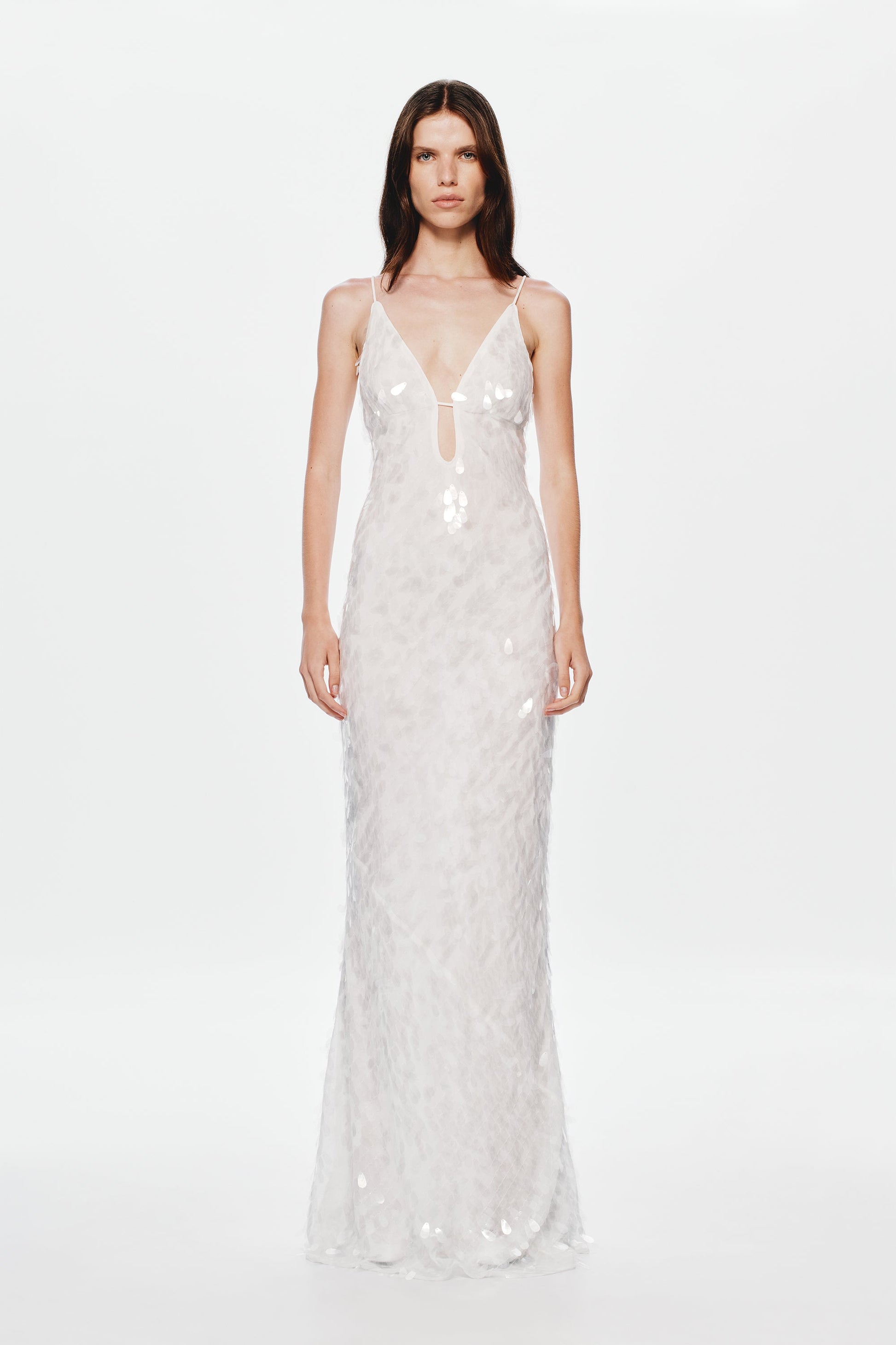 katherine halter deep v-neck sequin backless maxi dress in Ivory