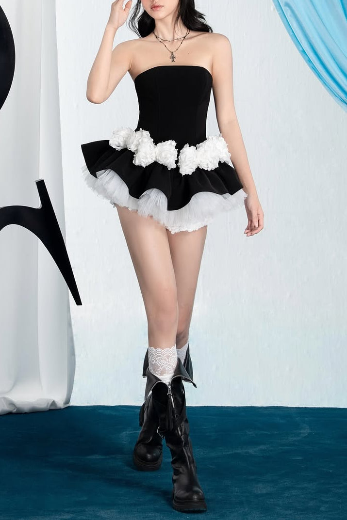 Sidney Floral patchwork strapless top skirt set in black