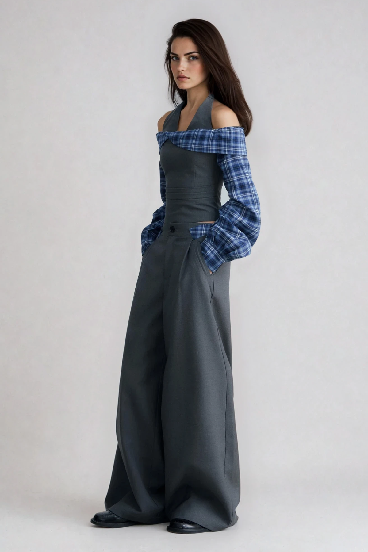 lorraine Halter Neck Grid Pants Set