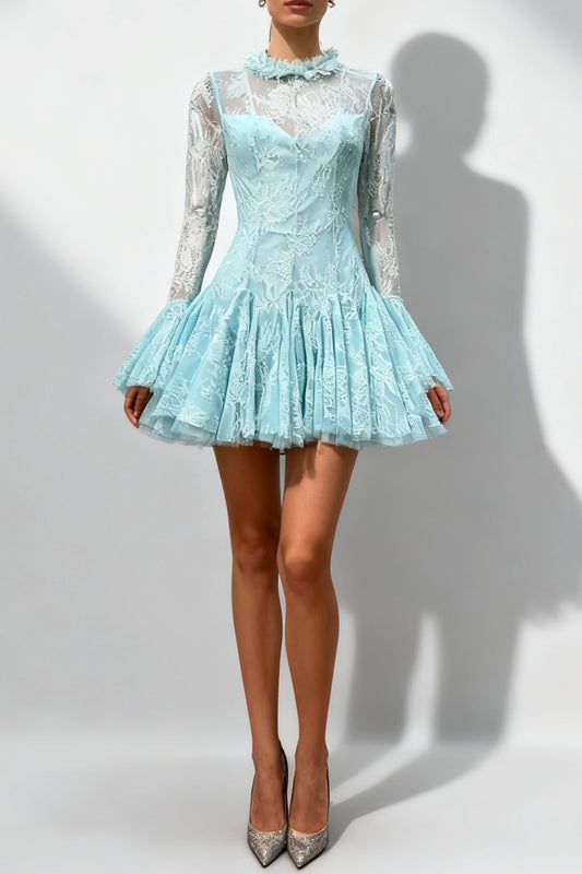 Ellalabel Winifred blue  Embroidered Flared Mini Dress - Crafted from High-quality Fabrication- Best for Cocktail Parties and Night Out.