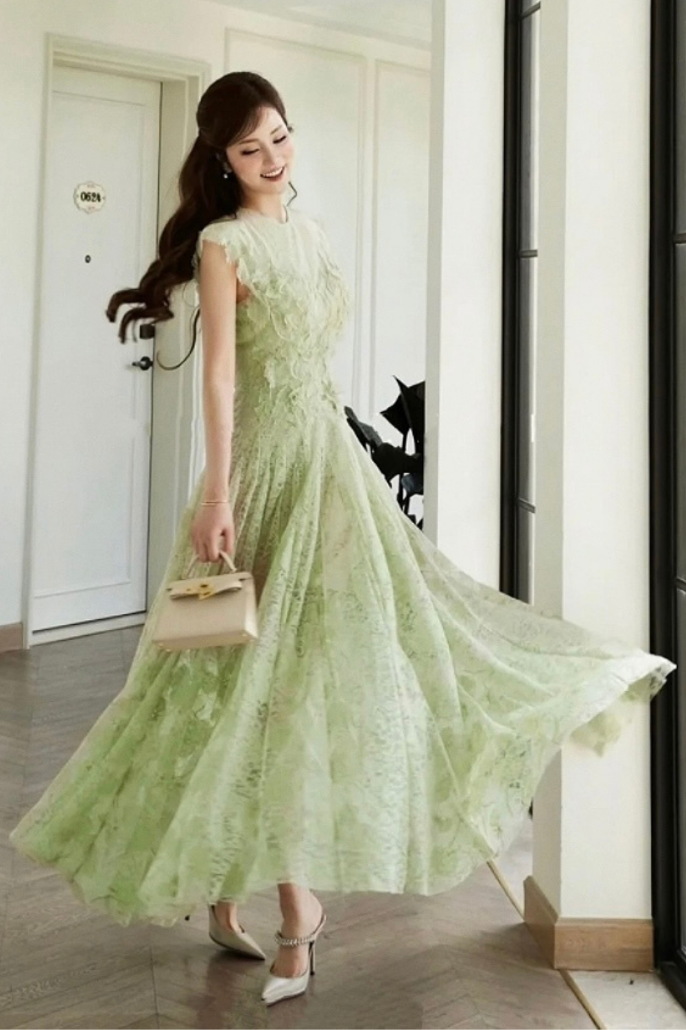 yedda green Lace Flower embellished maxi Dress