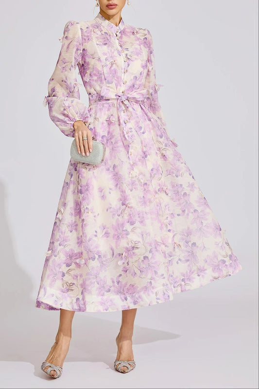Ellalabel jacqueline Floral print lantern sleeve Maxi Dress in purple - Crafted from High-quality Fabrication- Ideal for Wedding Guest and Formal Galas.