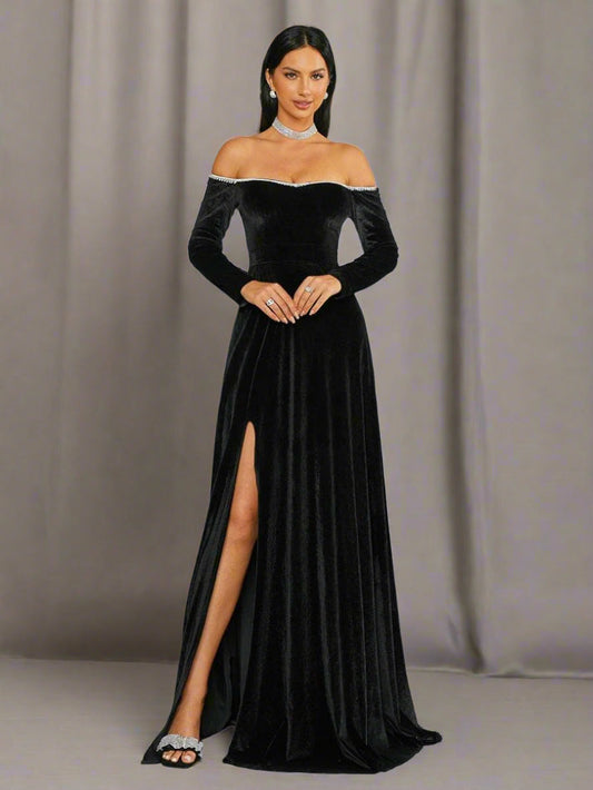 Ellalabel Off Shoulder Split Black Velvet Evening Dress in Black - Crafted from Luxury Velvet - Designed for Elegant Occasions.