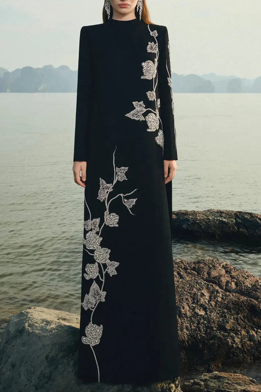 Ellalabel laurel black High Neck Asymmetric Crystal Embellished maxi Dress in Black - Crafted from High-quality Fabrication- Ideal for Wedding Guest and Formal Galas.