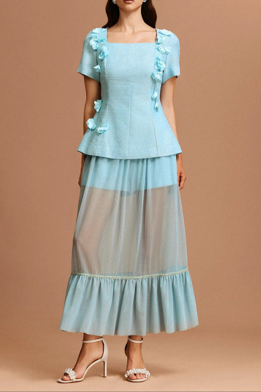 Ellalabel Tiffany blue Short Sleeves Flowers Folds Top And Skirt Two-Piece Set - Crafted from High-quality Fabrication- Best for Cocktail Parties and Night Out.