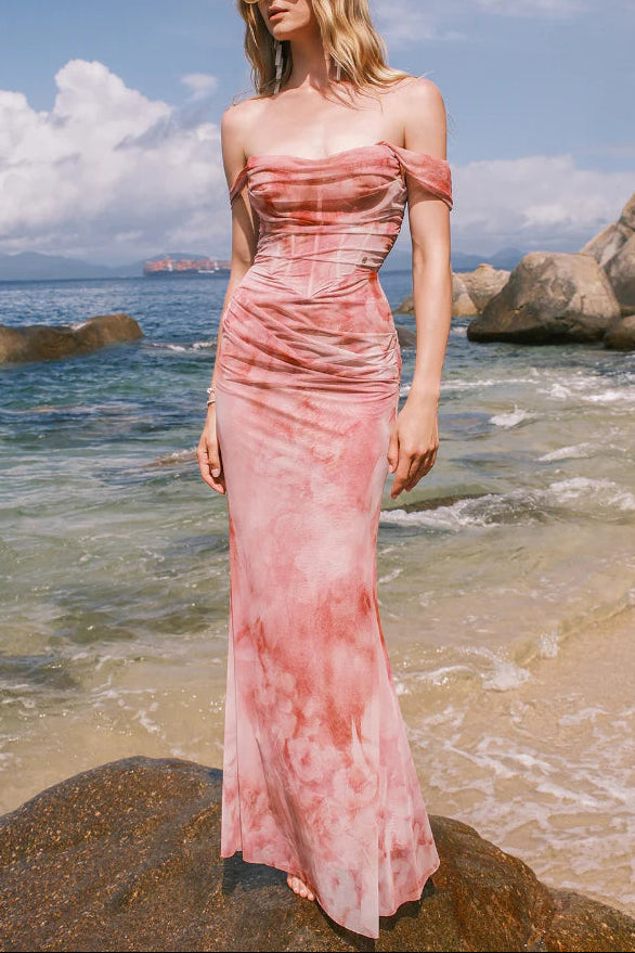 giselle pink Off-shoulder Pleated Gradient-dyed maxi Dress