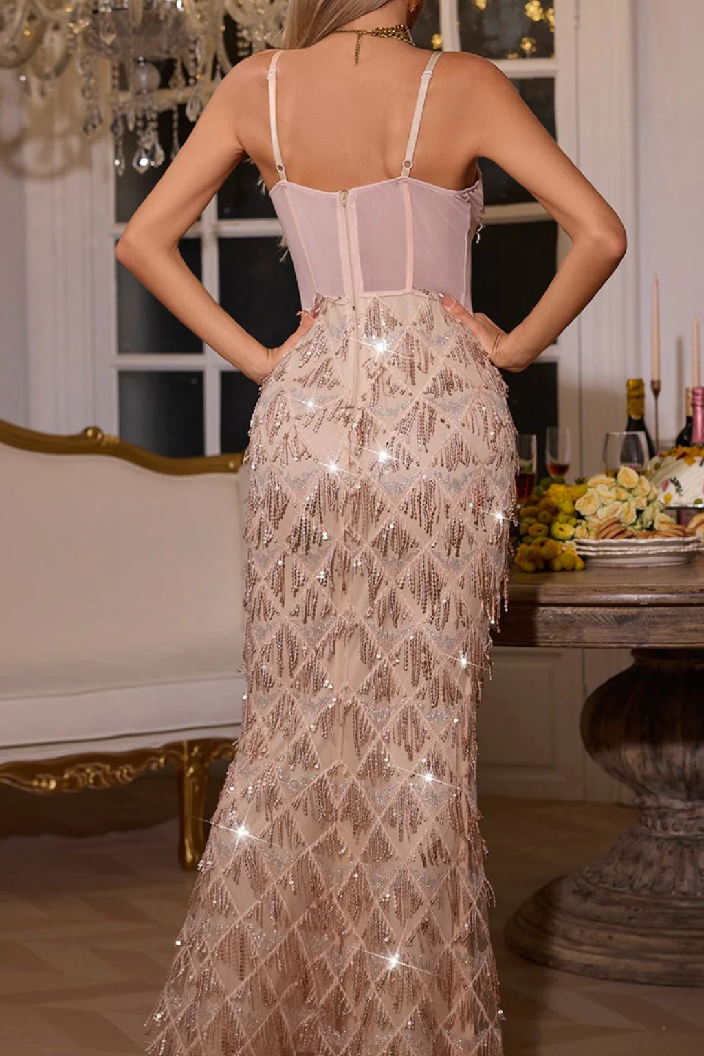 Carol Sequin Fringe Maxi Dress In Apricot