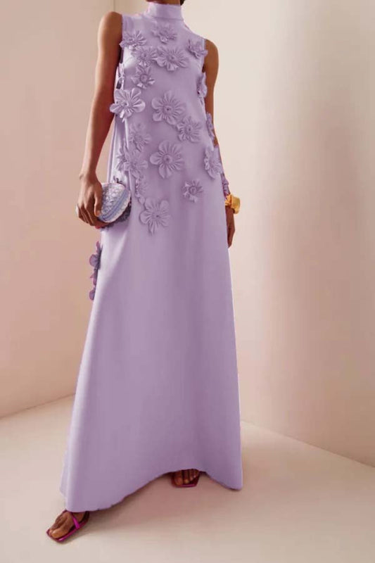Ellalabel molly PURPLE FLOWER EMBELLISHED MAXI DRESS - Crafted from High-quality Fabrication- Ideal for Wedding Guest and Formal Galas.