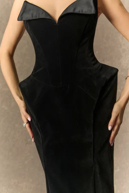 ophelia Black Deep V-neck strapless Velvet Maxi Dress