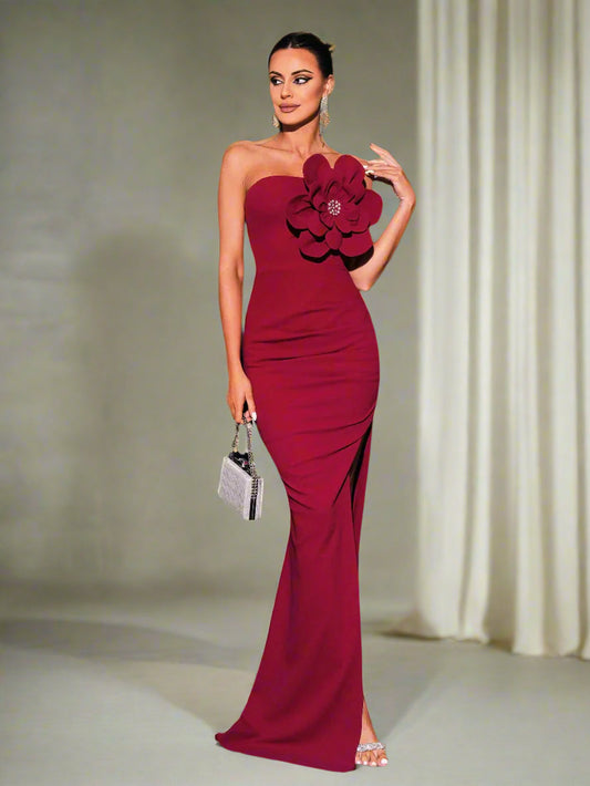 Ellalabel Strapless Appliqued Split Wedding Guest Dress in Wine - Crafted from High-quality Fabrication - Designed for Elegant Occasions.