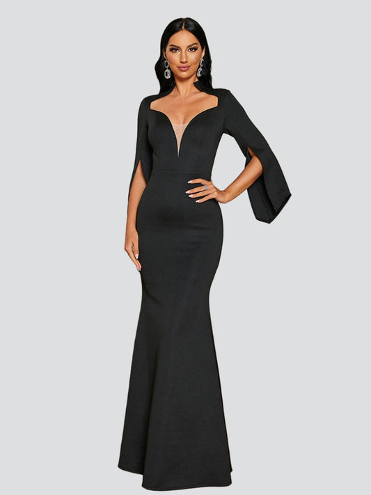 Ellalabel V-Neck Mermaid Cape Sleeve Dress in Black - Crafted from High-quality Fabrication - Designed for Elegant Occasions.