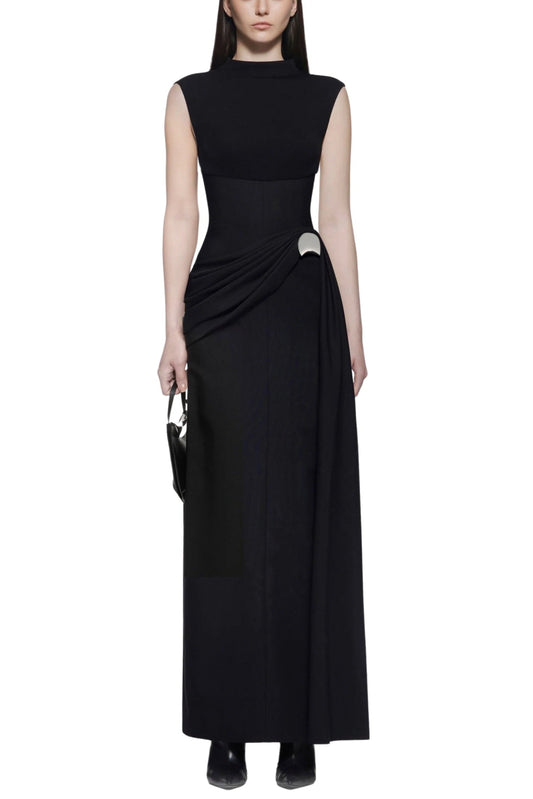 Ellalabel evelyn Interlock pleated Knit maxi dress in black - Crafted from Soft-touch Fine Knit- Ideal for Wedding Guest and Formal Galas.