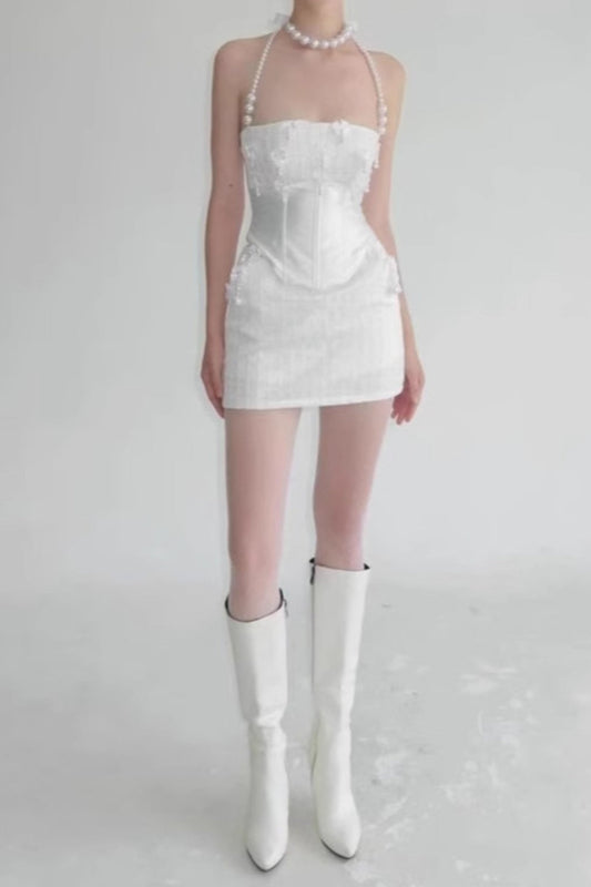 Ellalabel pearl fishbone wrap top skirt set in white - Crafted from High-quality Fabrication - Designed for Elegant Occasions.