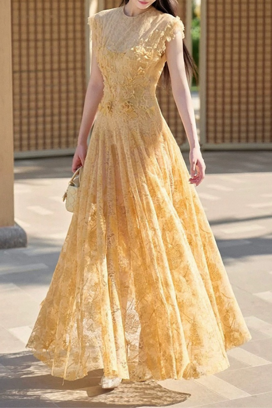 Ellalabel yedda yellow Lace Flower embellished maxi Dress in Yellow - Crafted from Intricate Lace Fabrication- Ideal for Wedding Guest and Formal Galas.