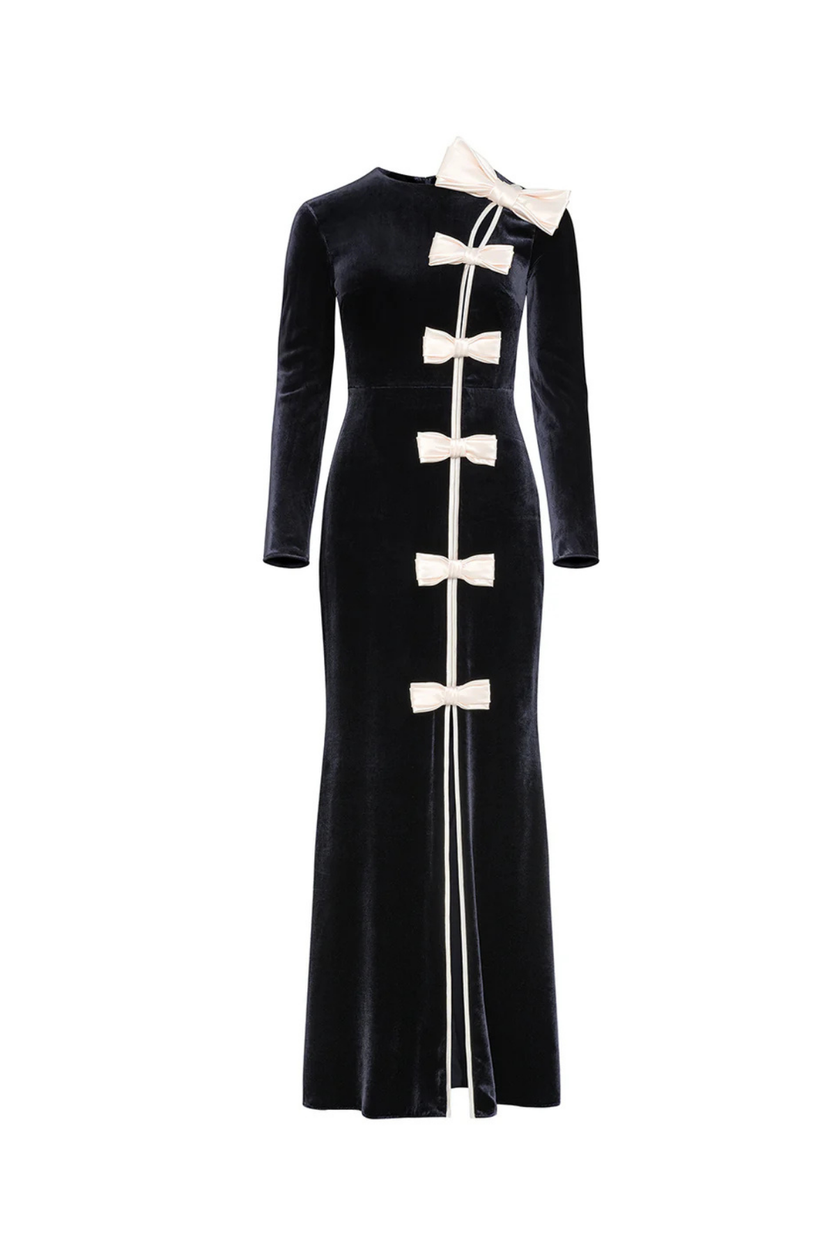 Cameron Bow Cascade Velvet Maxi Dress in black