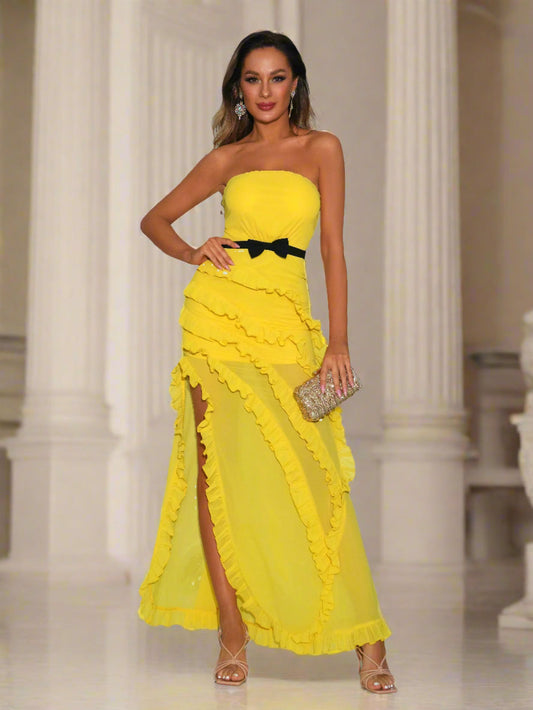 Ellalabel Tube Top Ruffled Hem Split Dress in Yellow - Crafted from High-quality Fabrication - Designed for Elegant Occasions.
