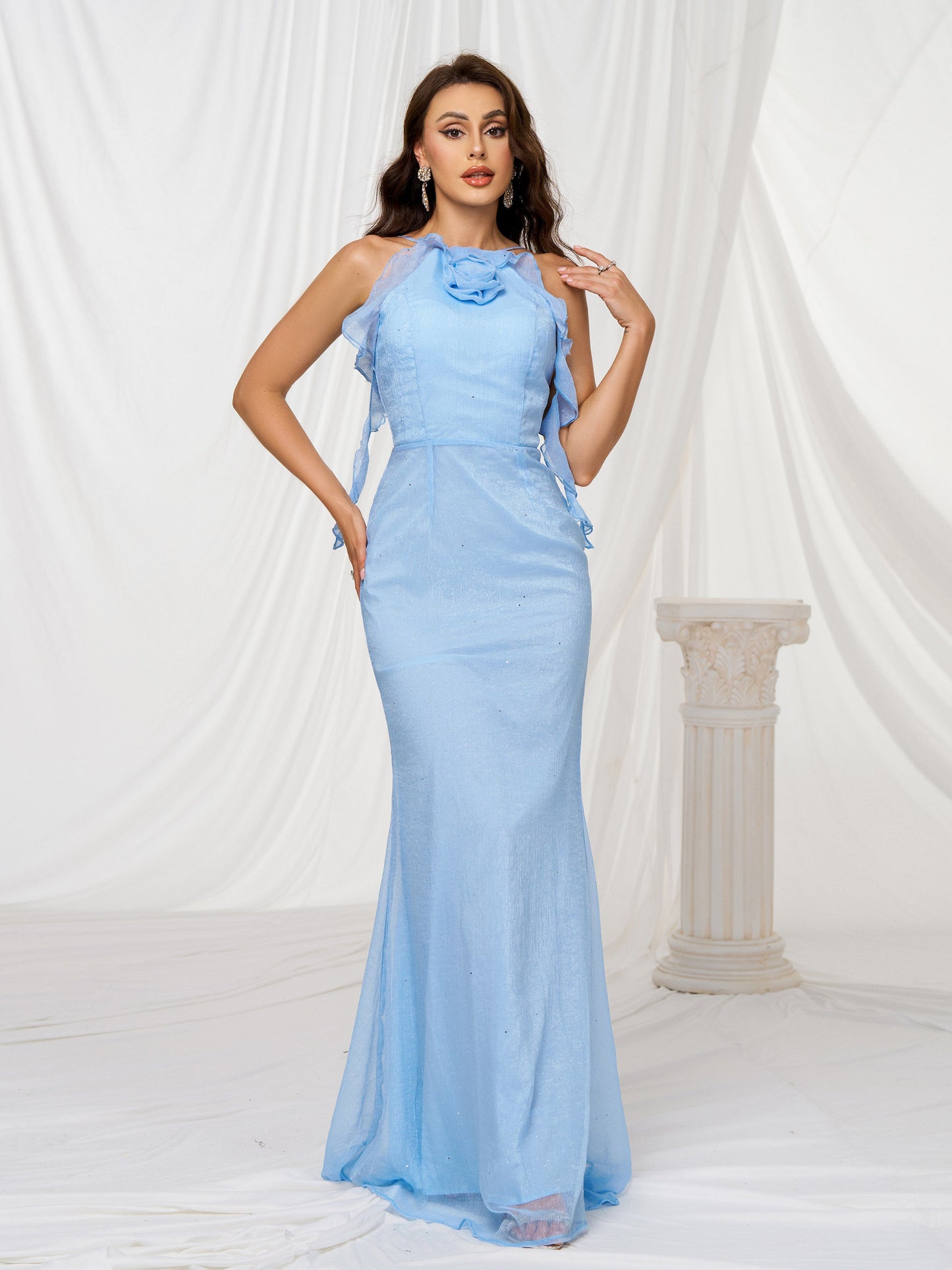 Shop  blue dress - Perfect for special occasions | Halter Appliqued Mermaid Blue Tulle Dress