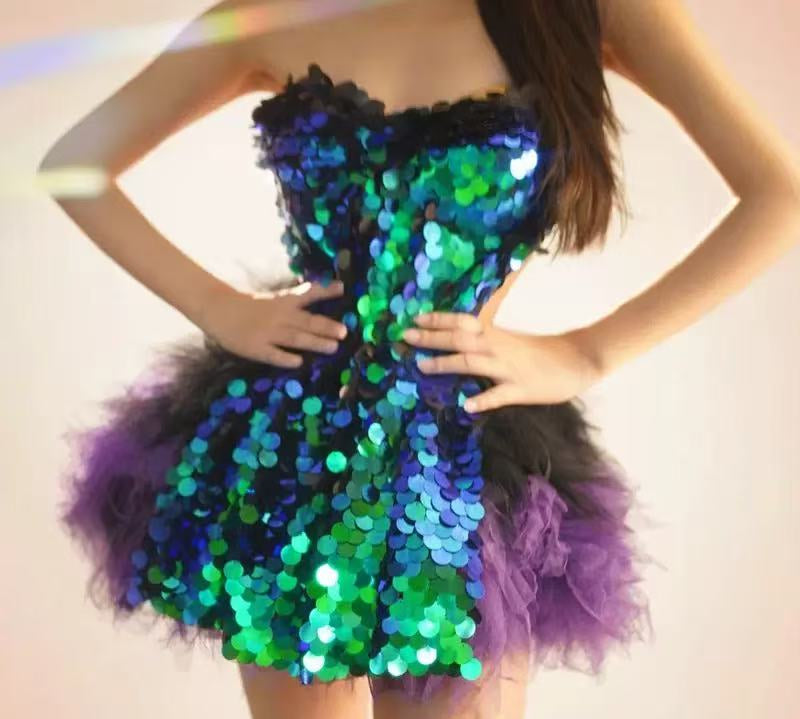 Ruby Sparkly Sequins Ruffles Backless Two Pieces Set