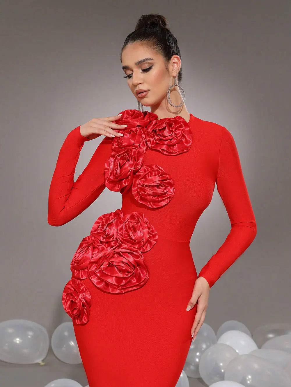 Kelley 3D Flower Decorative Bandage maxi Dress in red