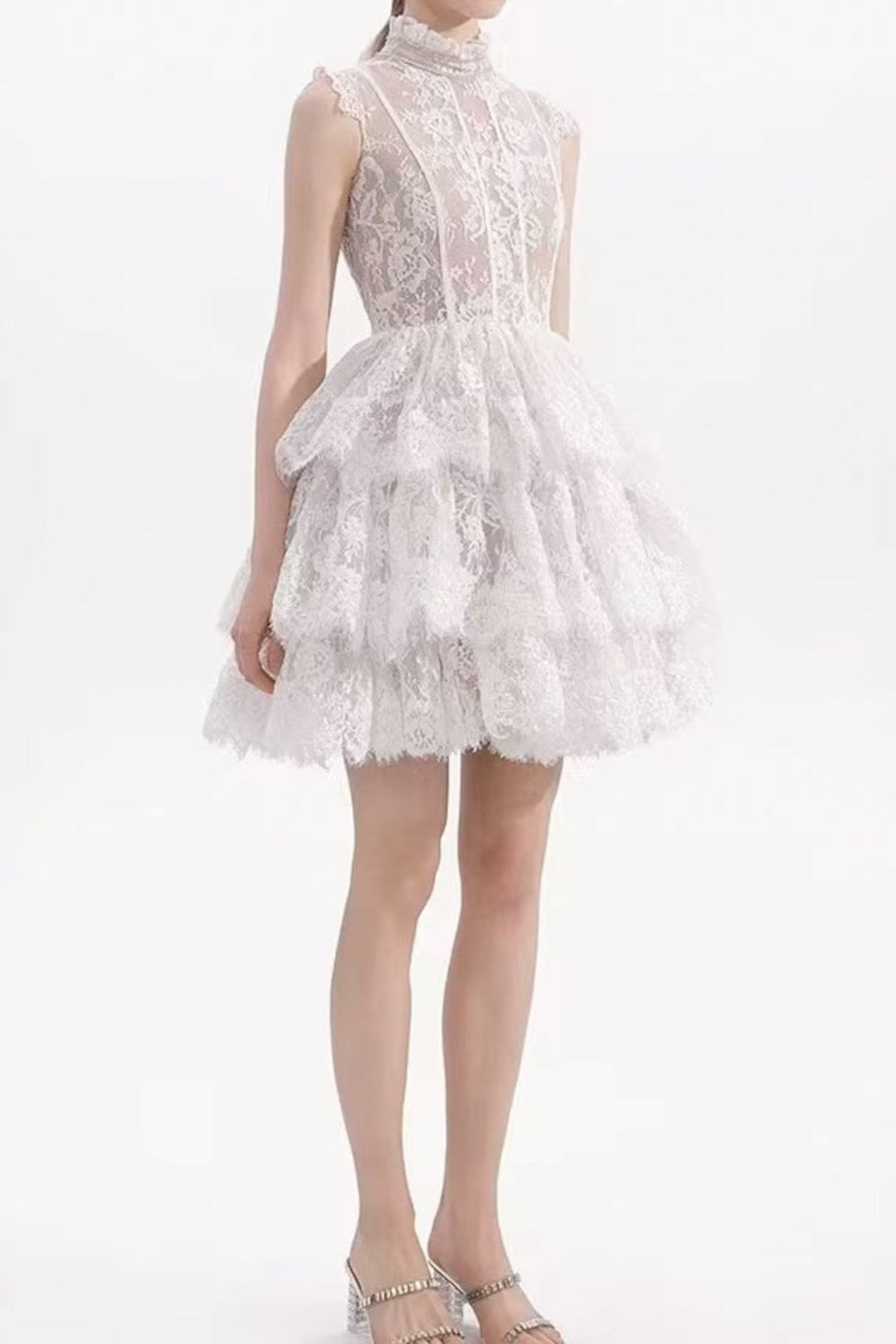 Shop  white dress - Perfect for special occasions | Sleeveless Stand Collar Lace Tutu mini dress in white