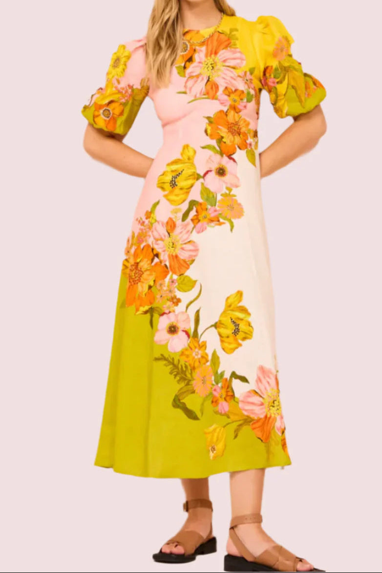 nancy yellow puff sleeve floral print maxi dress