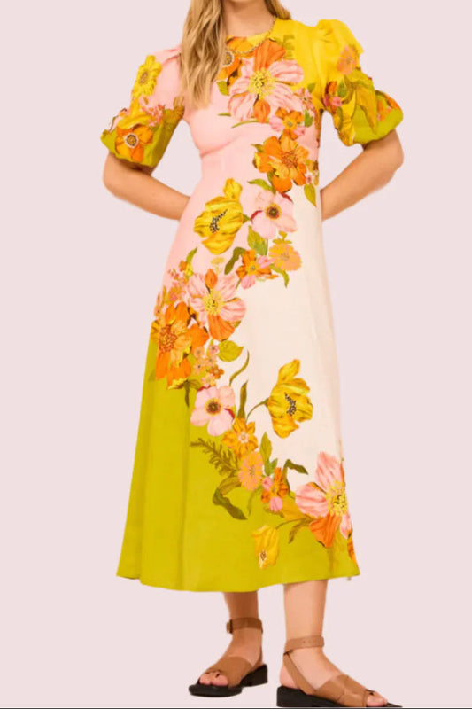 Ellalabel nancy yellow puff sleeve floral print maxi dress - Crafted from High-quality Fabrication- Ideal for Wedding Guest and Formal Galas.
