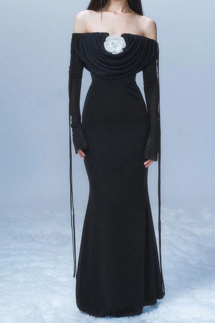 roberta off-shoulder flower embellished pleated maxi dress in black