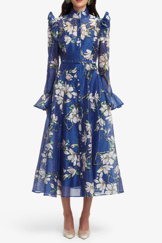 Ellalabel Scarlett floral print Butterfly Sleeve maxi Dress - Midnight blue - Crafted from High-quality Fabrication- Ideal for Wedding Guest and Formal Galas.