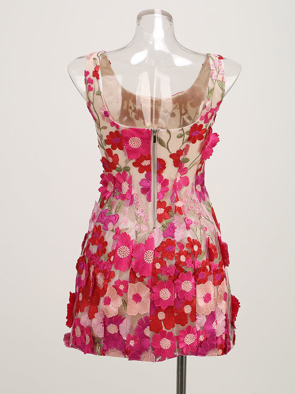 FLORAL embroidery MINI DRESS in rose red
