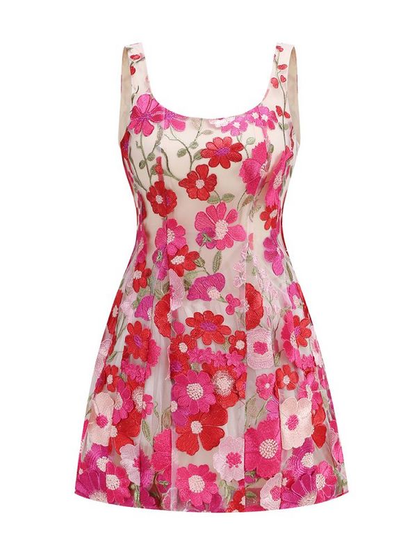 FLORAL embroidery MINI DRESS in rose red - Stylish red dress for special occasions | Buy Online