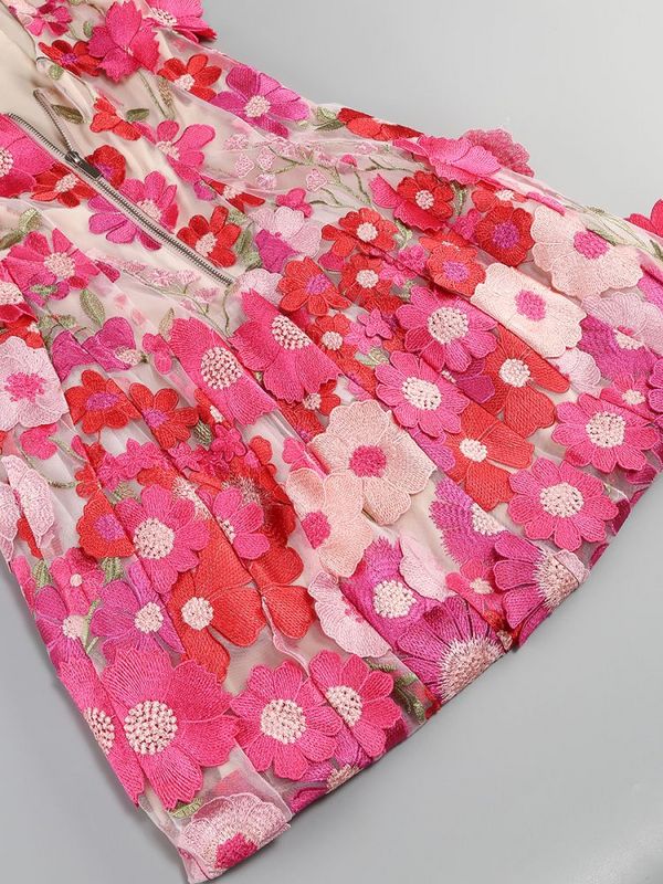 FLORAL embroidery MINI DRESS in rose red