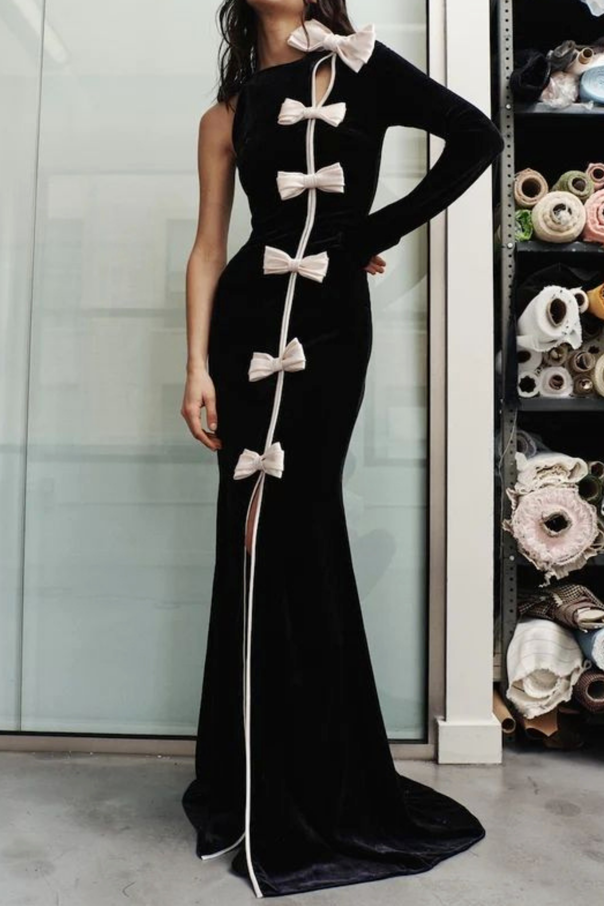 Cameron Bow Cascade Velvet Maxi Dress in black