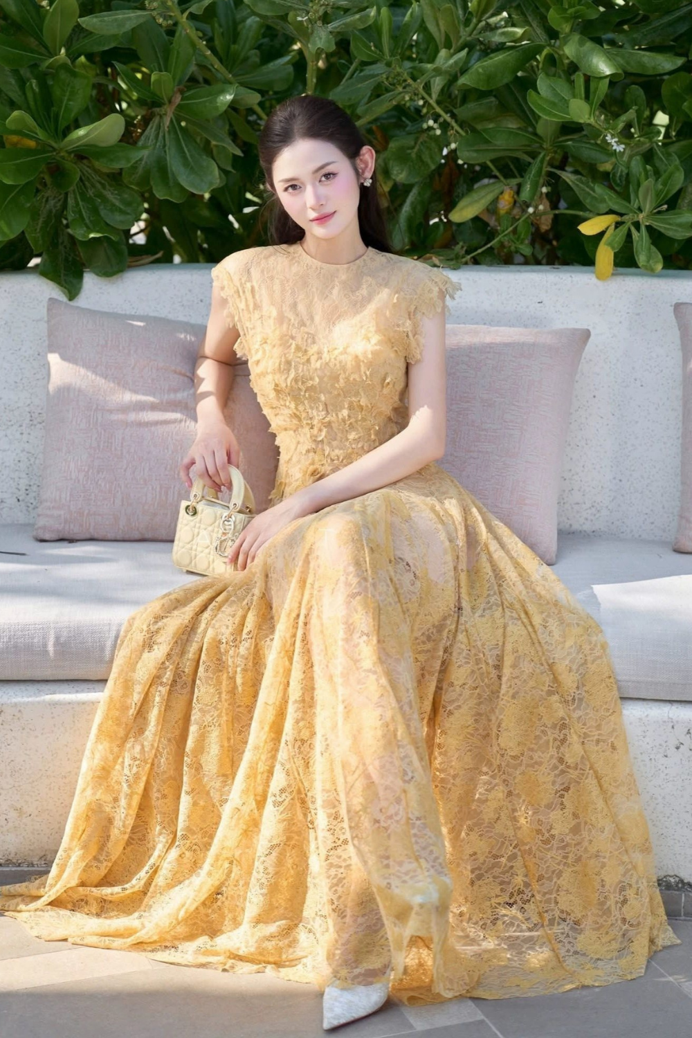 yedda yellow Lace Flower embellished maxi Dress