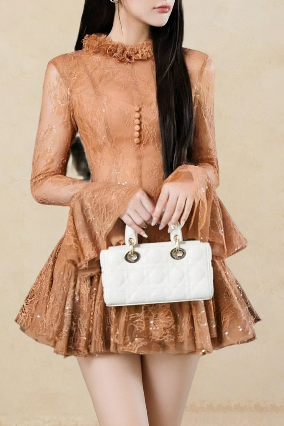 pandora lace Embroidered Flared long sleeve Mini Dress