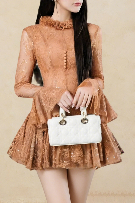 Ellalabel pandora lace Embroidered Flared long sleeve Mini Dress in Green - Crafted from Intricate Lace Fabrication- Best for Cocktail Parties and Night Out.