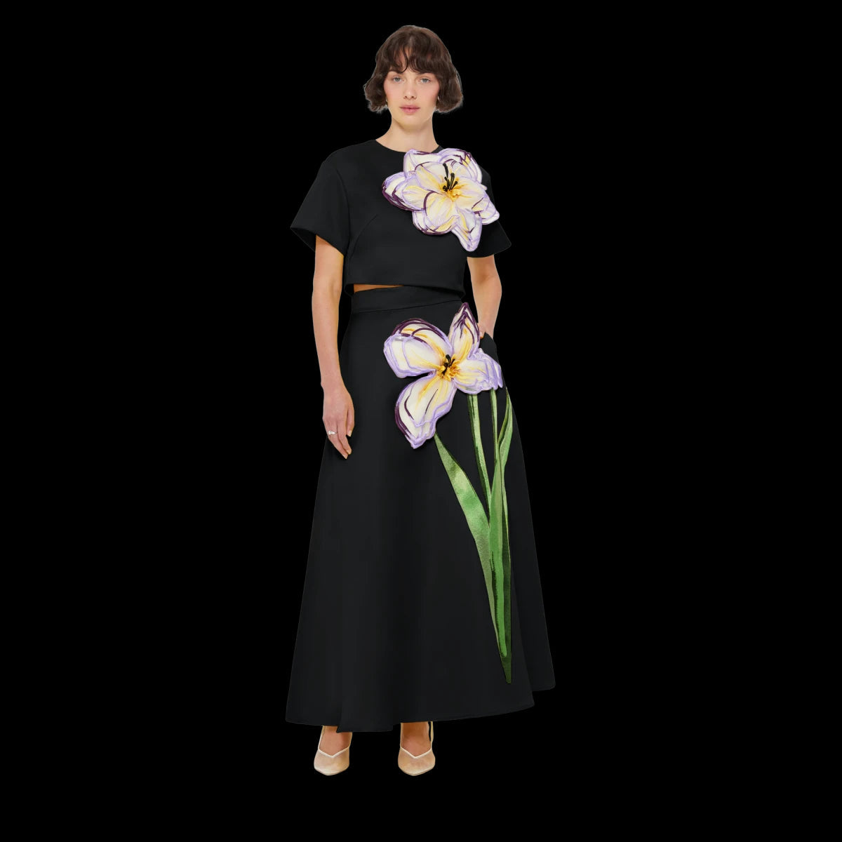 Indie Appliqué Sleeve Iris Print set in black