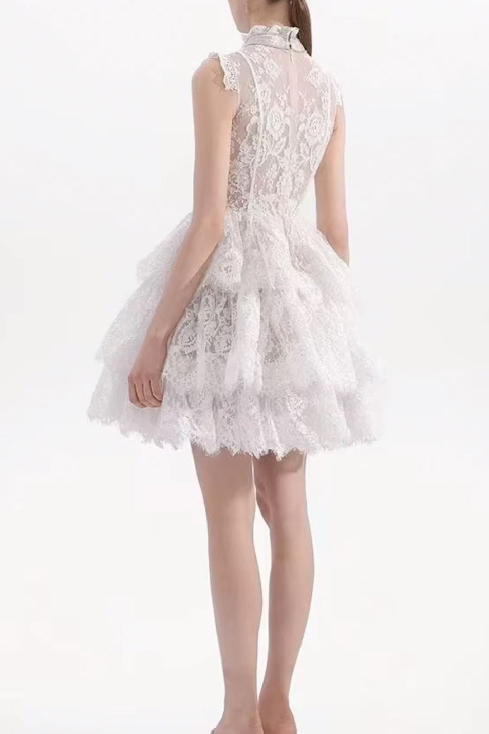 Sleeveless Stand Collar Lace Tutu mini dress in white
