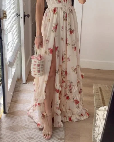 sabina floral printed high slit Strapless maxi dress