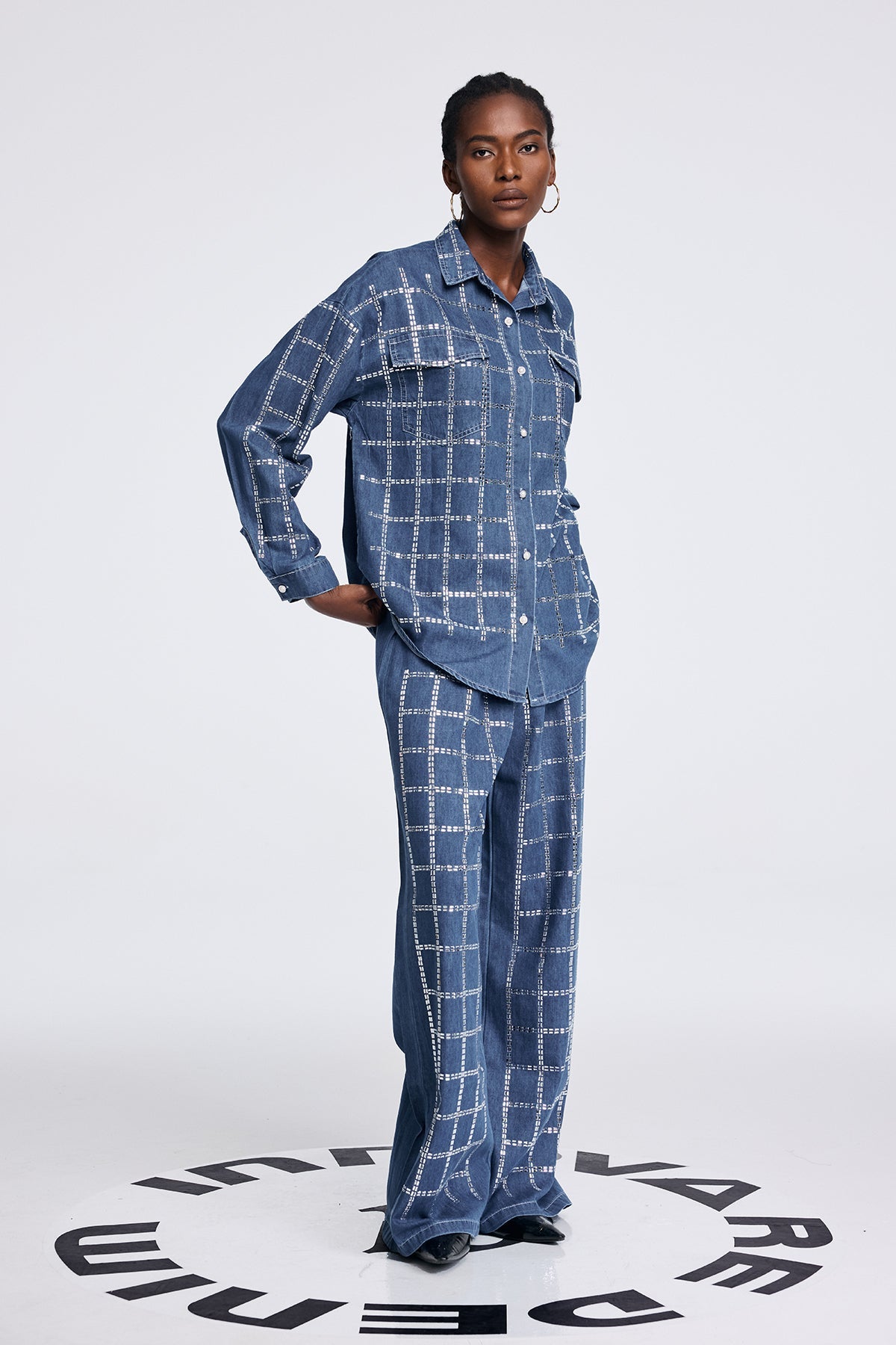Stylish blue dress | Aodh Rhinestone Grid Denim Shirt Pants Set In Blue - Ideal for special occasions
