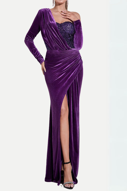 Ellalabel one shoulder sequin-embellished velvet maxi dress in purple - Crafted from Luxury Velvet- Ideal for Wedding Guest and Formal Galas.