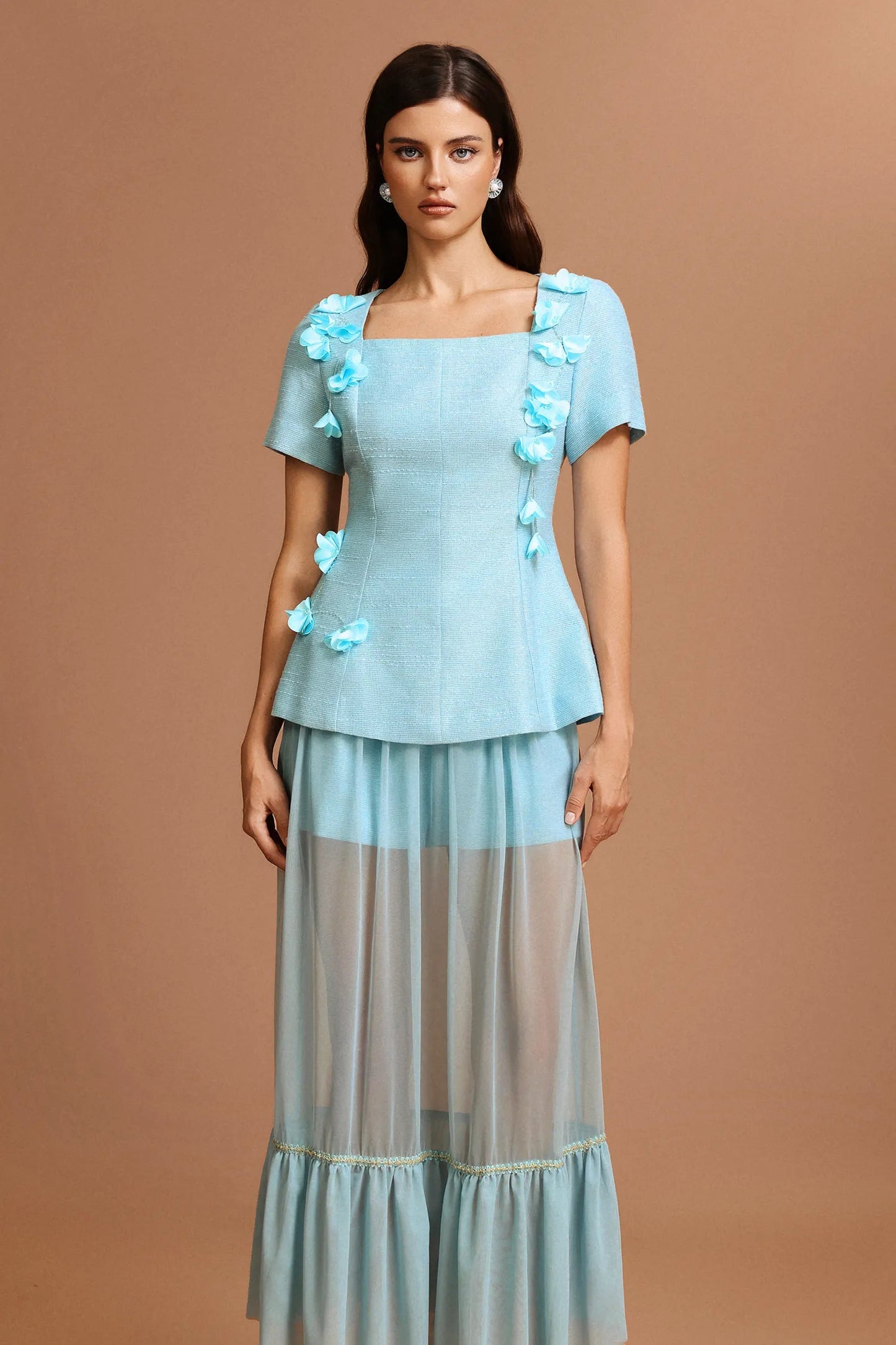 Tiffany blue Short Sleeves Flowers Folds Top And Skirt Two-Piece Set