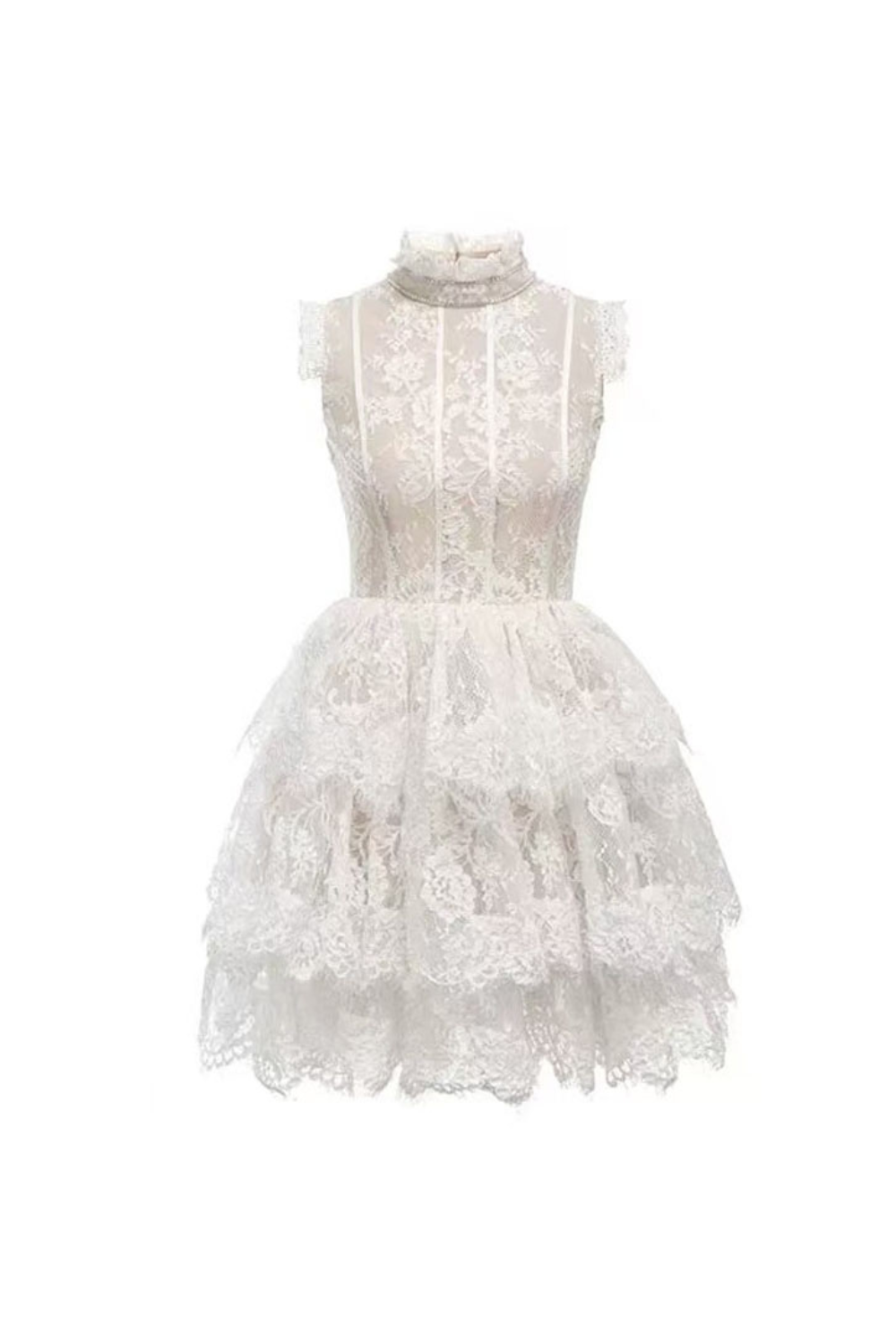 Stylish white dress | Sleeveless Stand Collar Lace Tutu mini dress in white - Ideal for special occasions
