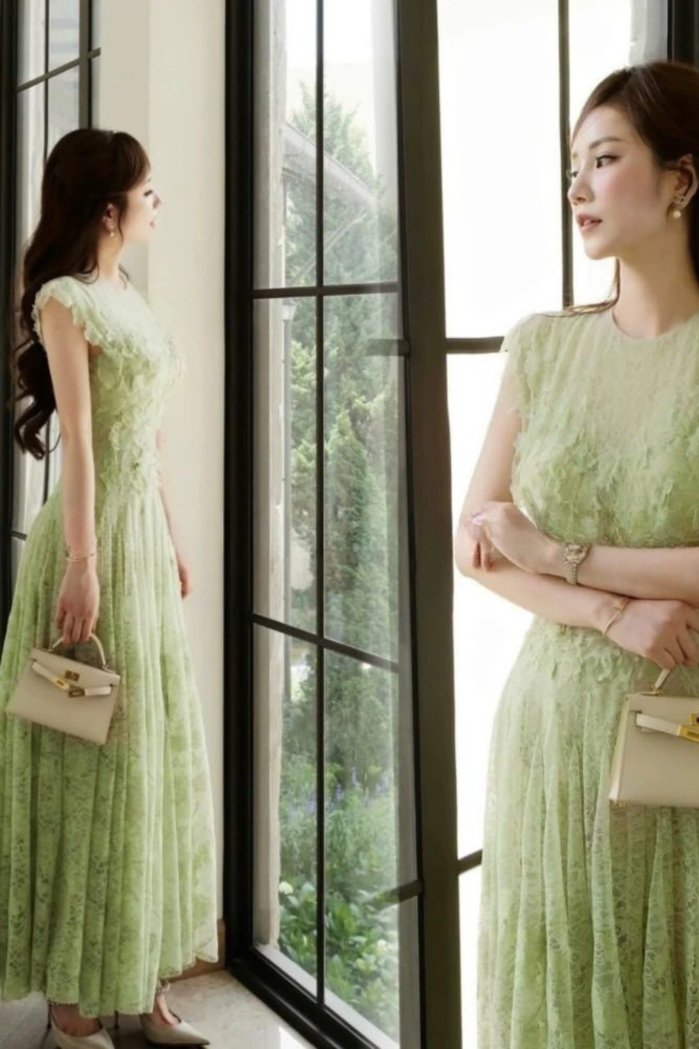 yedda green Lace Flower embellished maxi Dress