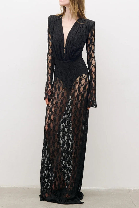 Ellalabel florence v neck hollow long sleeve lace maxi dress  in black - Crafted from Intricate Lace Fabrication- Ideal for Wedding Guest and Formal Galas.